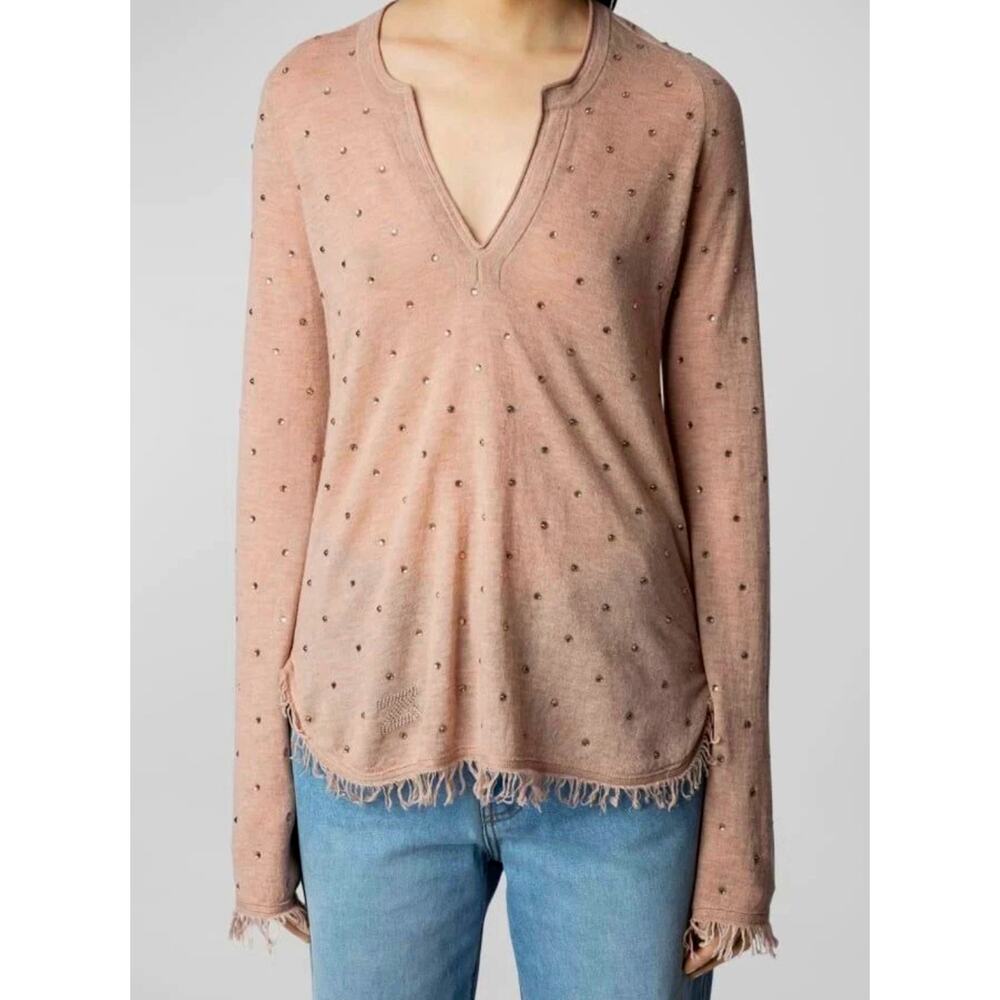 Zadig & Voltaire Riviera Rhinestone Cashmere Sweater Blush Size M - Picture 8 of 16